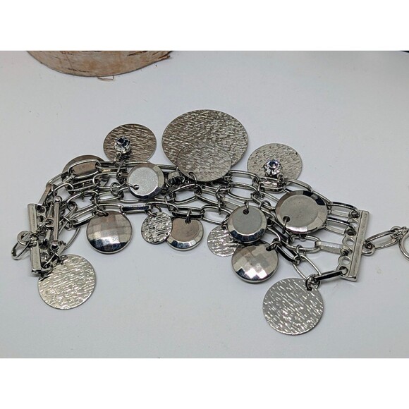 Vintage MultiChain Metal Silvertone Hammered Discs~Crystal Charm Toggle Bracelet - Picture 1 of 6
